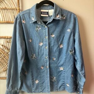 Vintage Adorable Blue Denim Floral Shirt size M